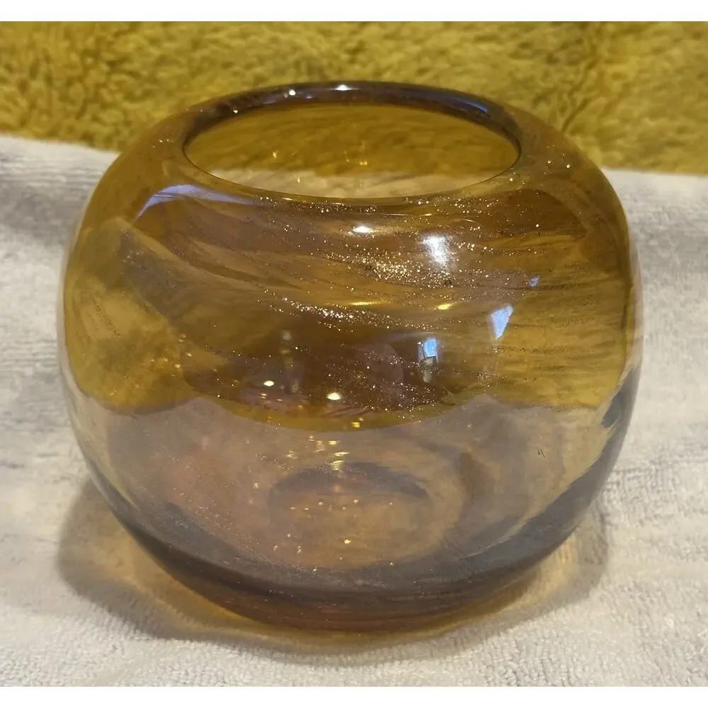 Hand Blown Art Glass Vase Amber Brown w/ Gold Glitter Glaze